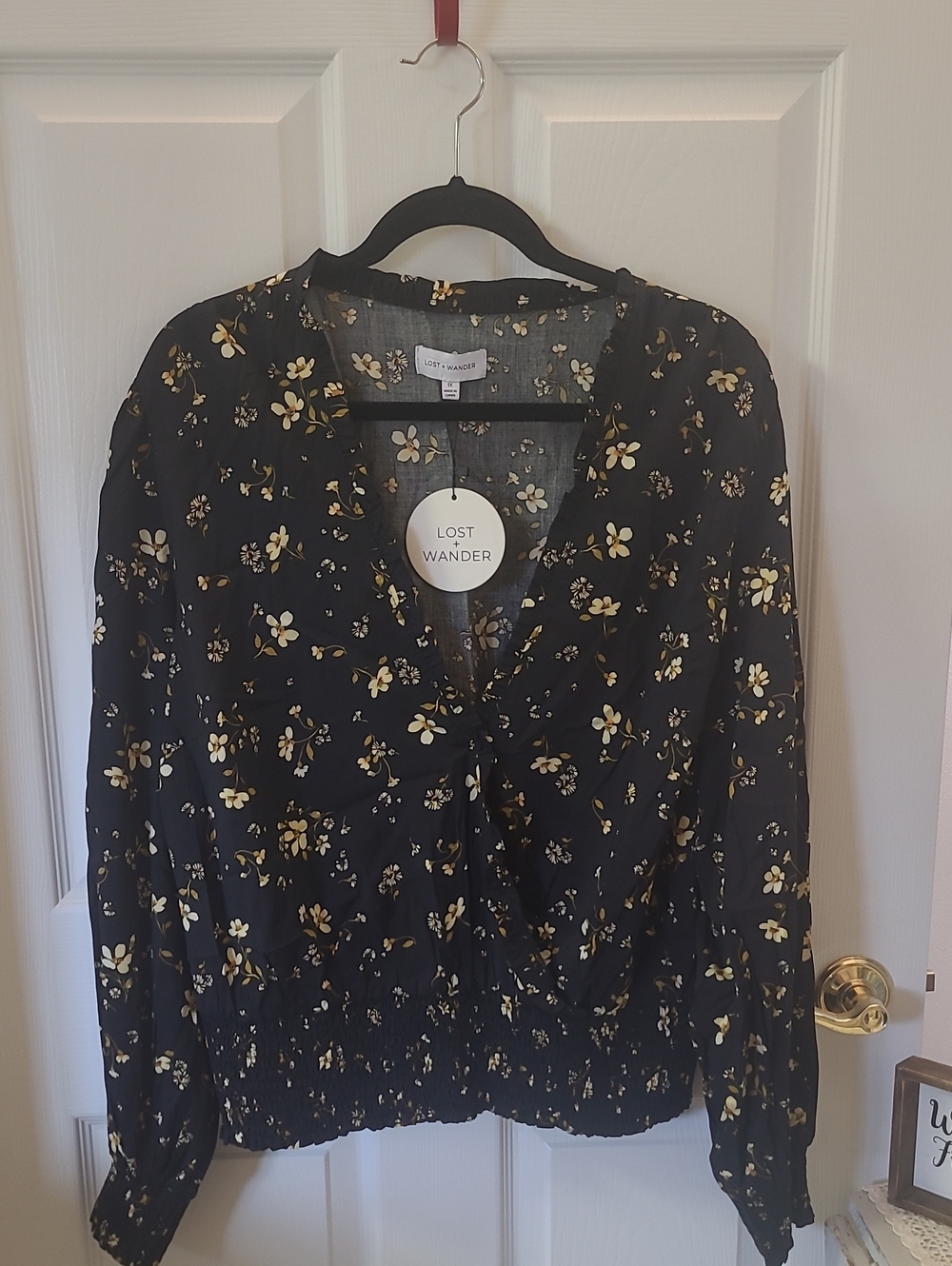Lost + Wander Black Floral Wrap Top with Yellow Blossoms Bin 6